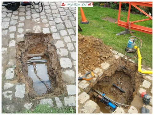 Leak repair underneath cobblestone paving